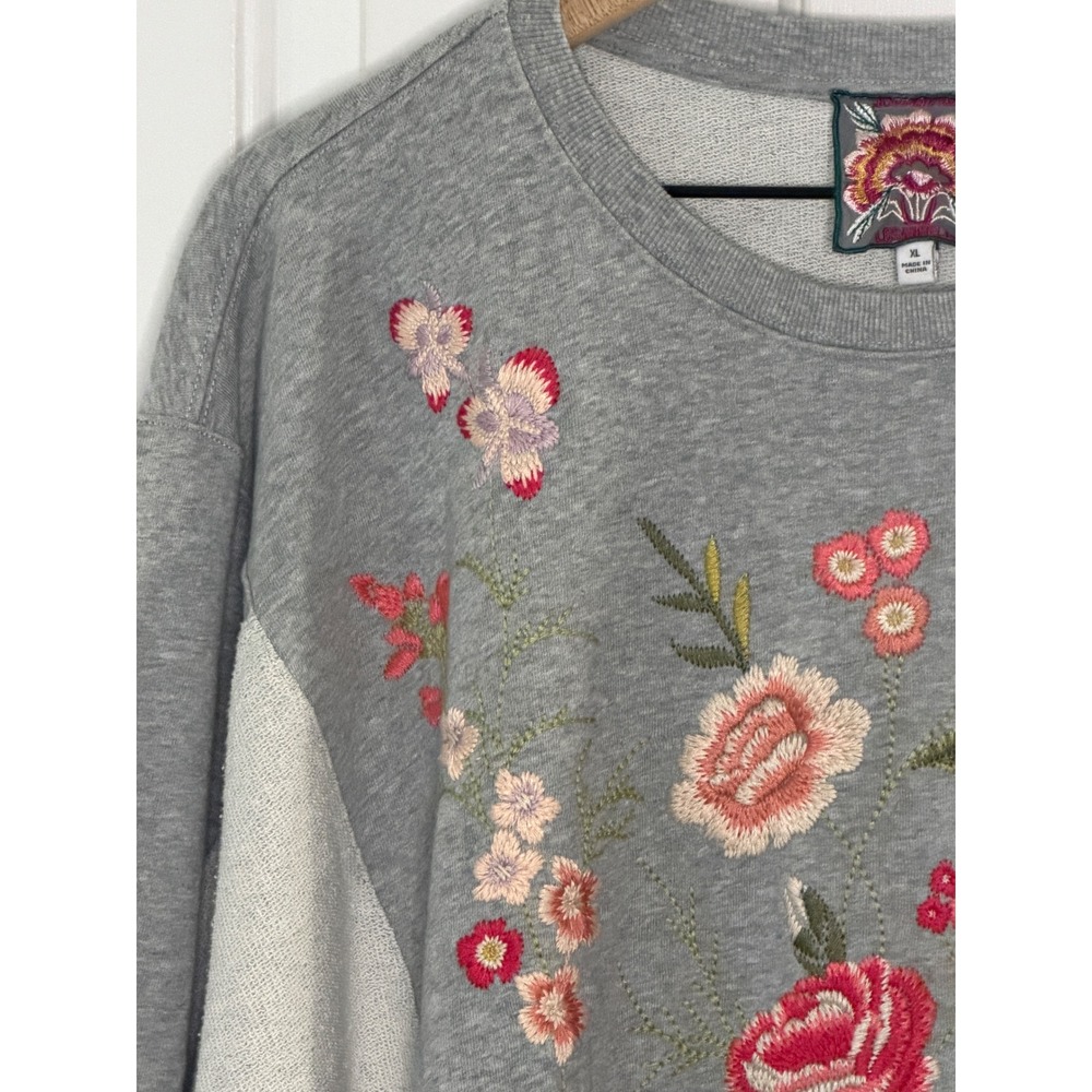 Johnny Was | Catalina French Terry Sweatshirt XL Grey Floral Embroidery J18823-5 - Picture 4 of 10